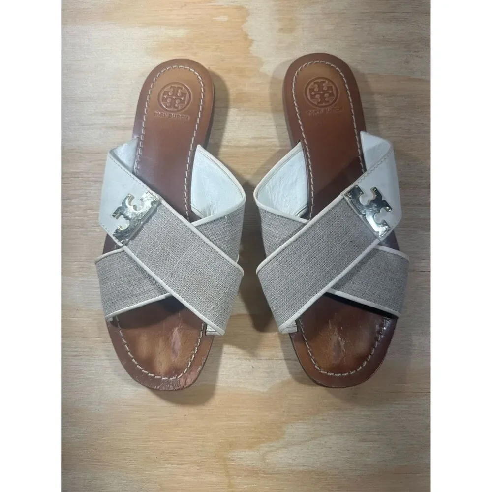 Tory Burch White & Beige Crossband Logo Slide Sandals Women’s Size 7.5